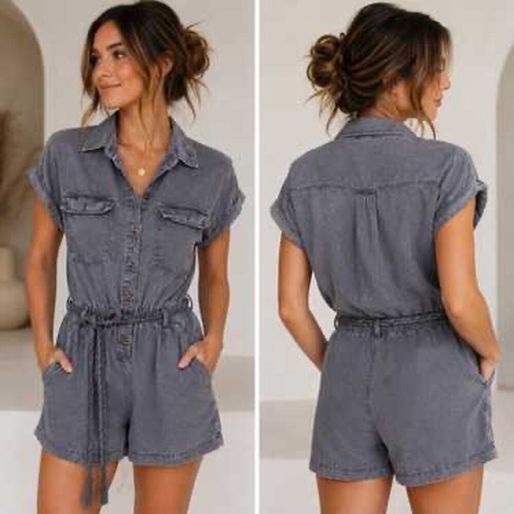 Nicole Miller M Linen Chambray Utility Braided Rope Belt Blue Romper Coastal